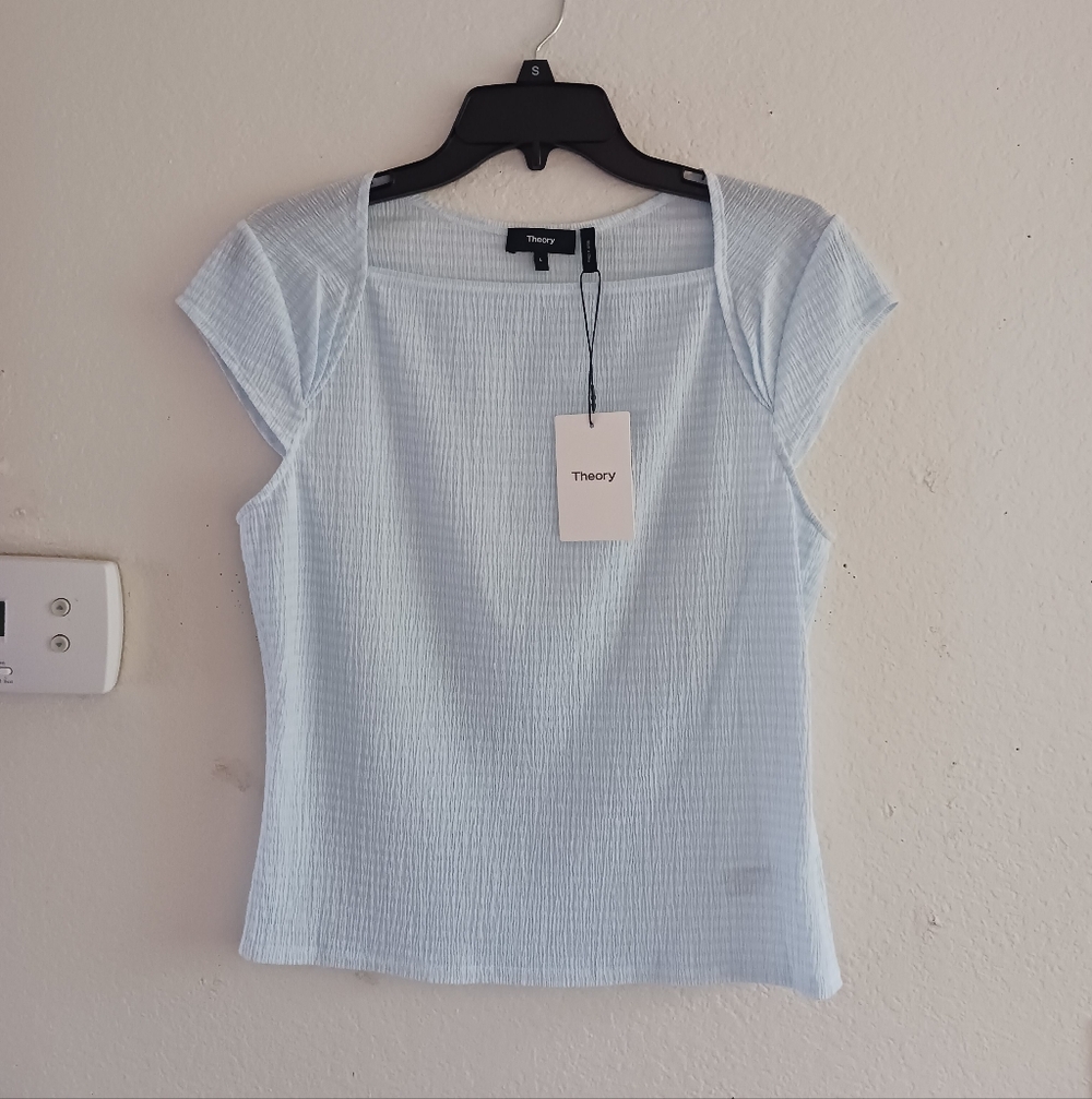 Theory Gingham Cap‎ Sleeve Crinkle Top